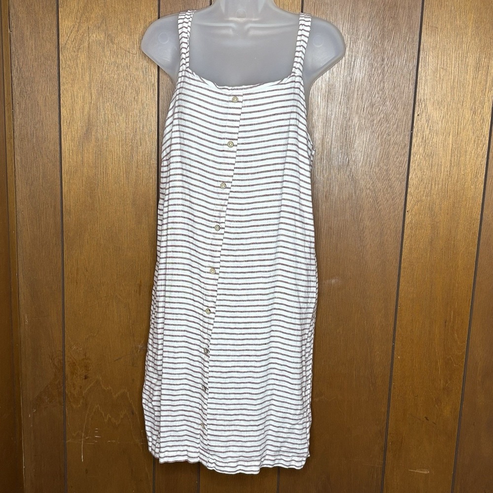 Artisan NY Linen Dress Women S White Maroon Striped Cottage Coastal Boho Fairy
